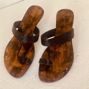 Pierre Dumas Women’s Sandals Size 7.5 Black Wood Sole Slide Heels